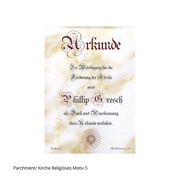 Aufwendig beschriftete Urkunde mit Strahlenkranzmotiv