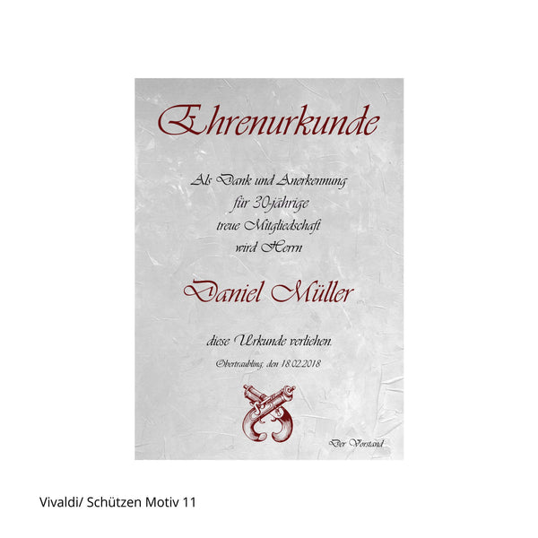 Ehrenurkunde mit gekreuzten Böllern und Text