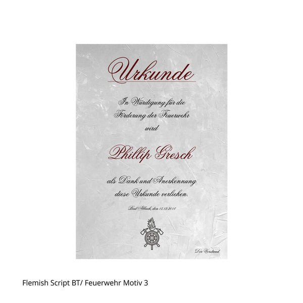 Urkunde in Schrift Flemish mit Feuerwehrrad