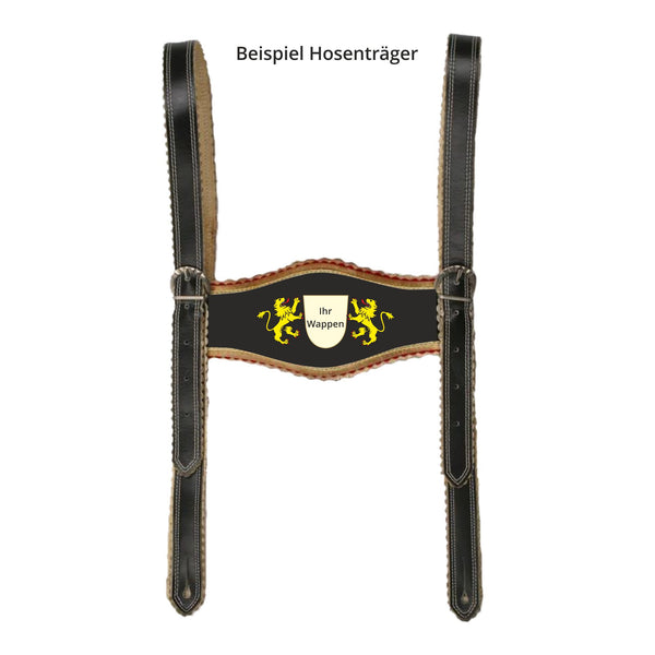 Trachtensteg mit Löwen und Wappen unterfüttert und Hosenträger